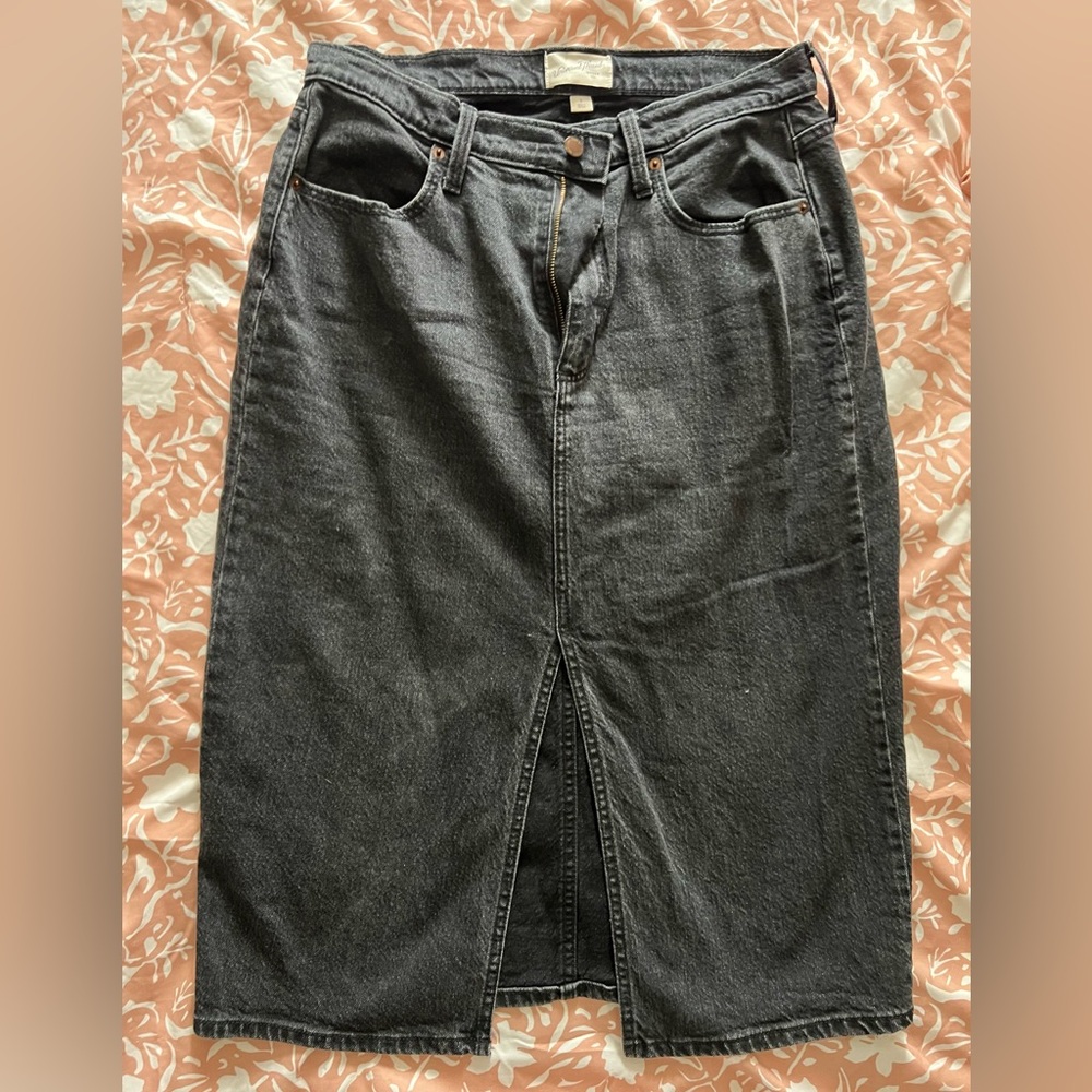 Distressed Black Denim Mid-Calf Skirt